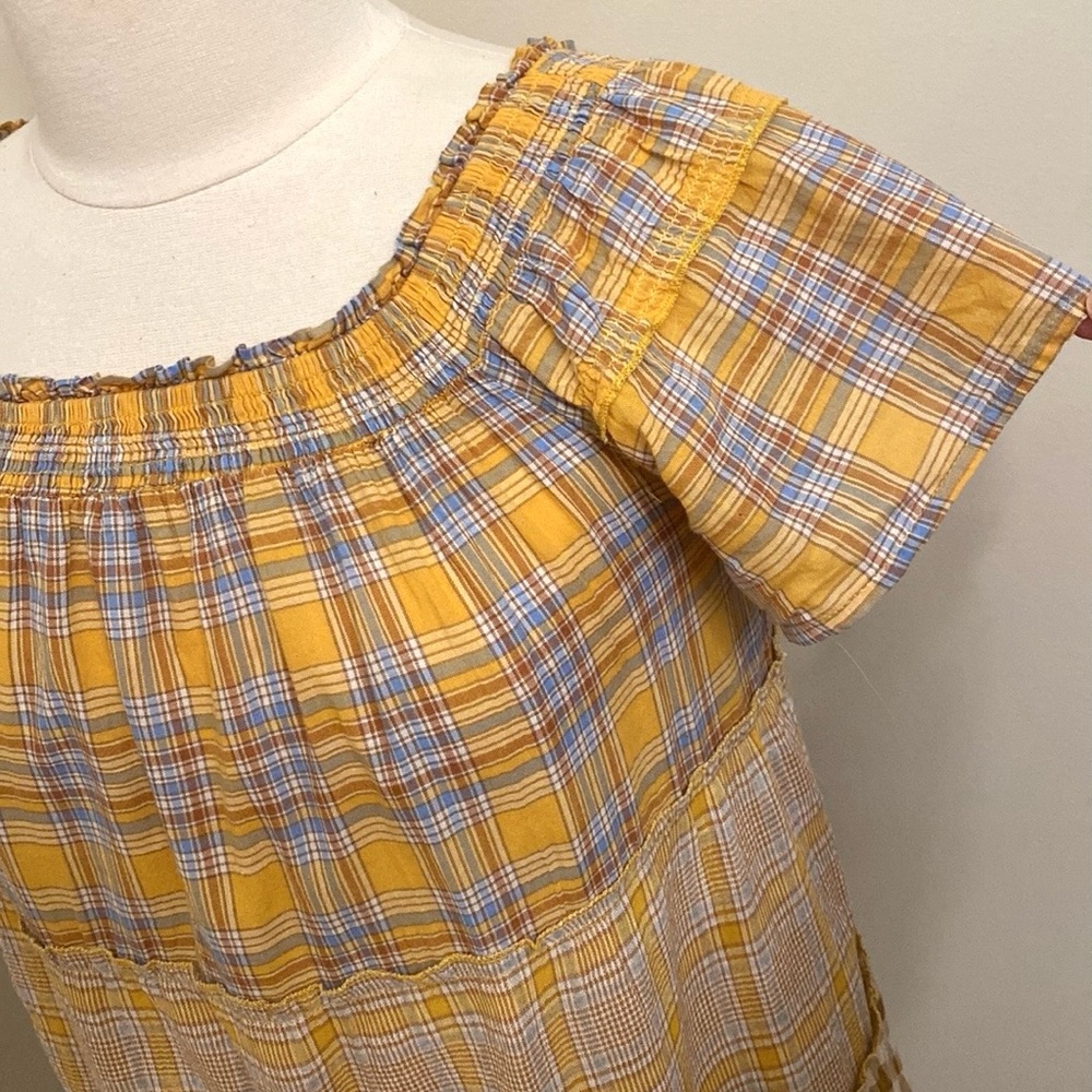 Easel Brown Yellow Blue Plaid Gingham S Country Garden Picnic Cottagecore Dress - Picture 5 of 13